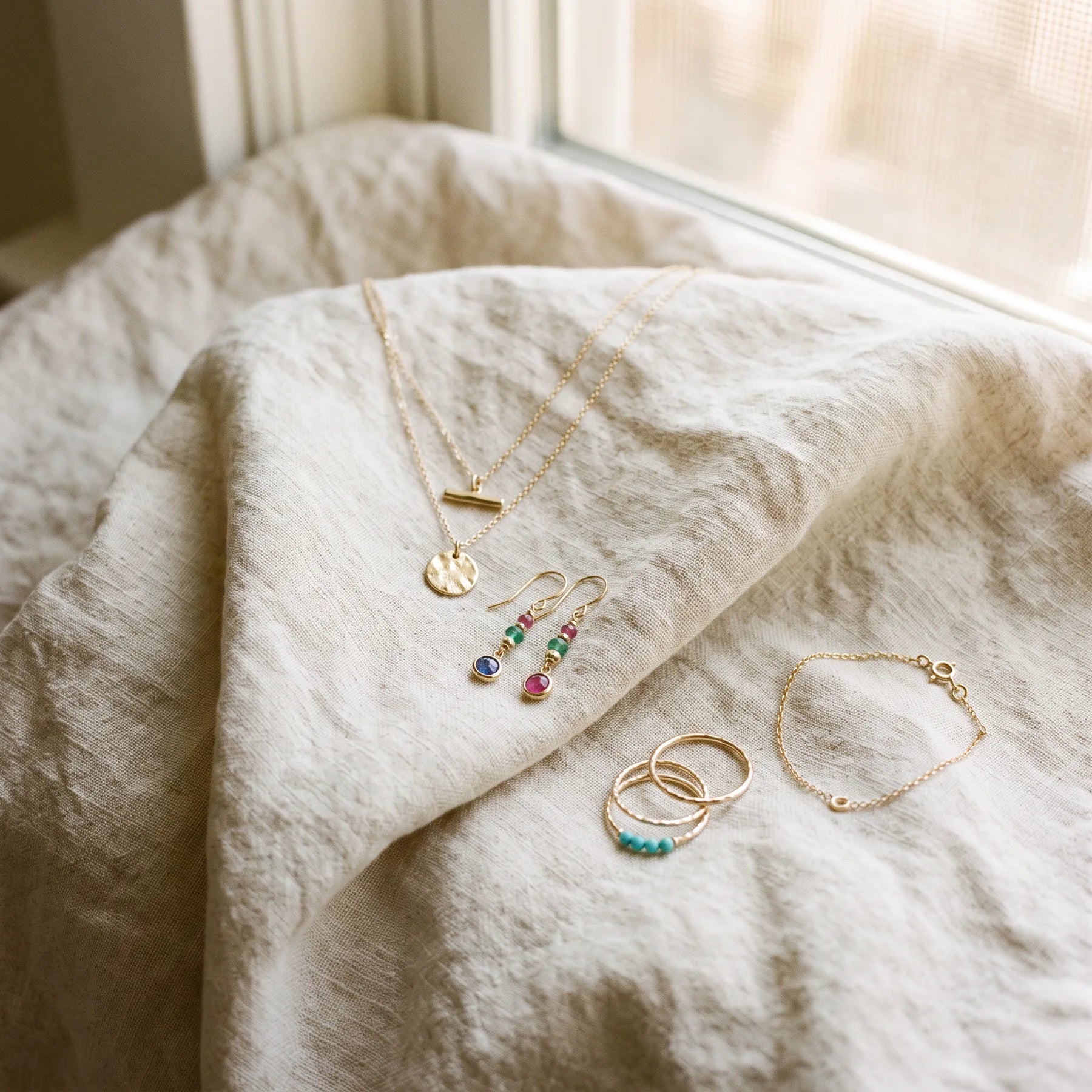 Jewellery laid out on linen